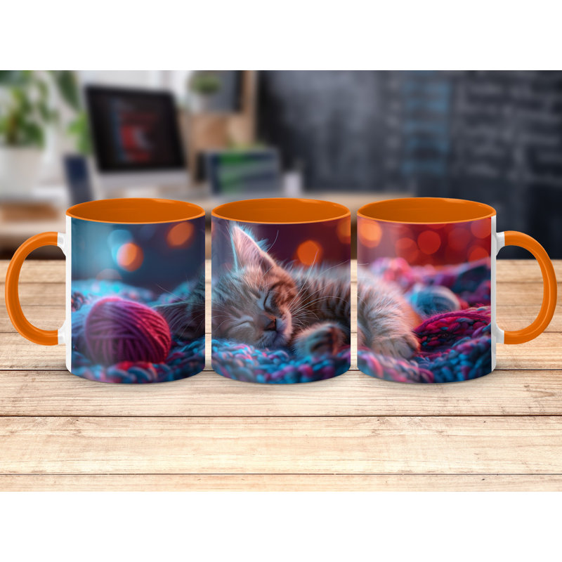 3D Design 11oz Accent Mugs – Ceramic Coffee Cup with an Orange Handle and Interior