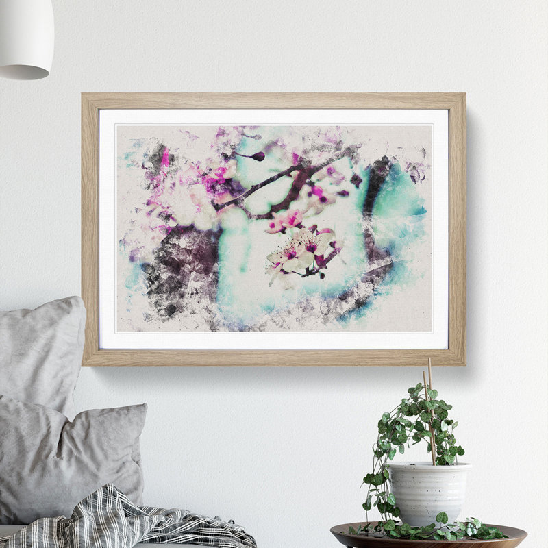 Pink Cherry Blossom Flowers Vol.10 - Picture Frame Graphic Art, 65cm H x 90cm W x 2cm D, Oak Framed