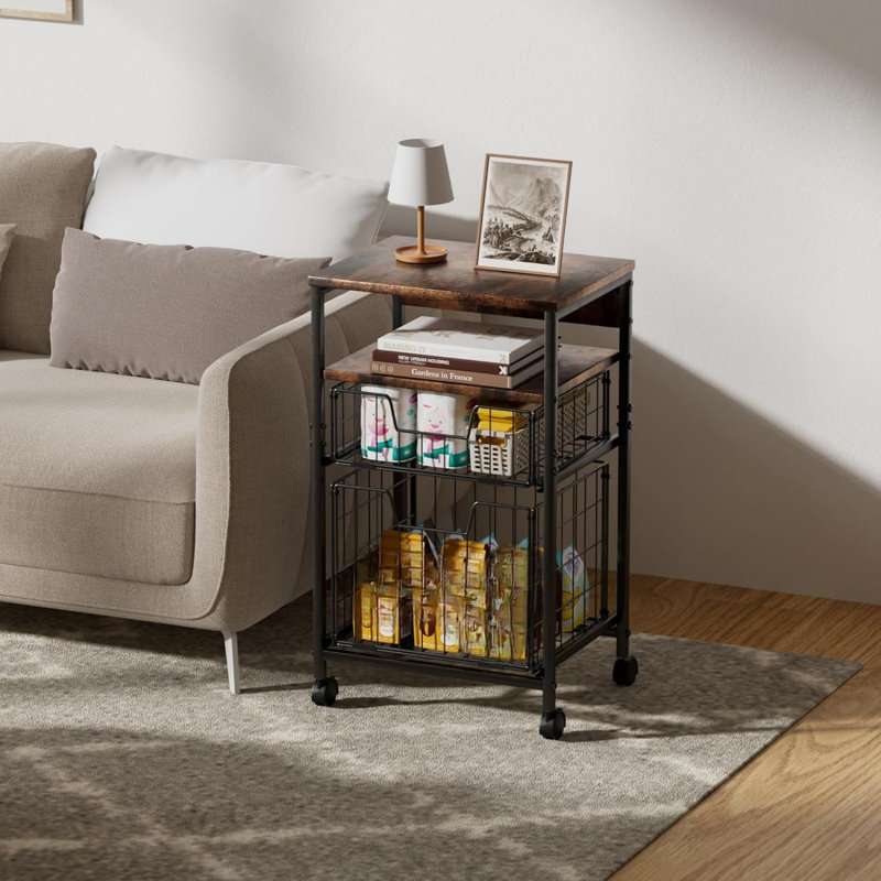 2-Drawer Mobile Filing Cabinet Printer Stand with Brown Hanging Organizer