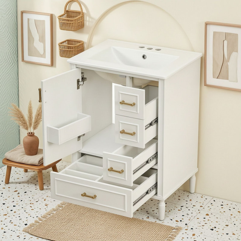 Meuble-lavabo autoportant peu encombrant avec lavabo en céramique, porte à fermeture en douceur et tiroirs de rangement