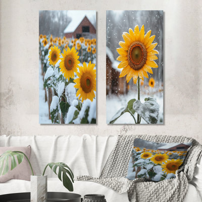 Country Side Sunflowers In A Snowy Barnyard I - Floral Wall Art 2 Pieces Collection