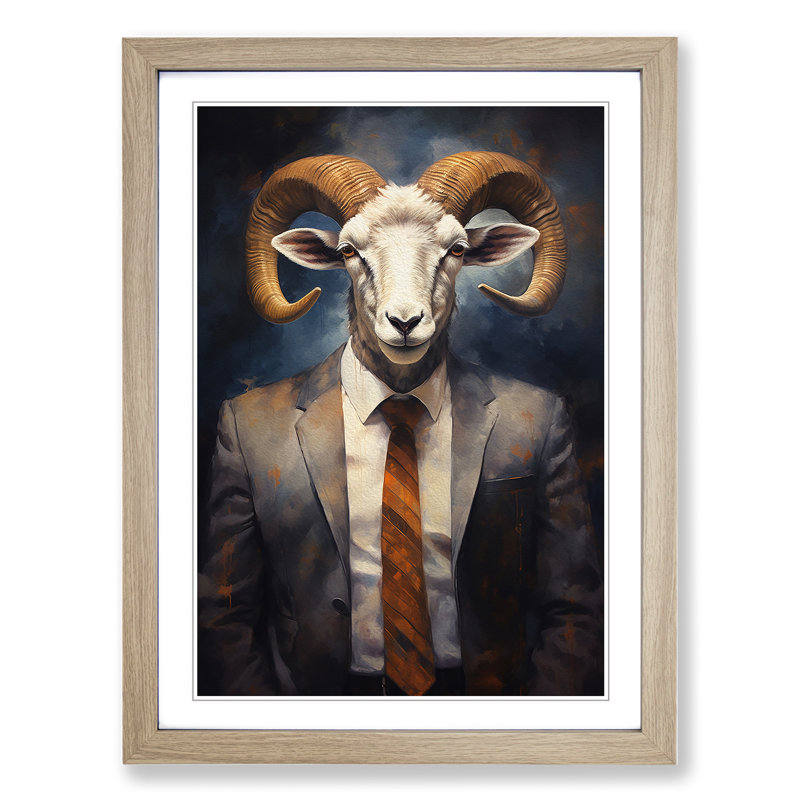 Ram Sheep in a Suit Painting - Framed Print, Oak Framed, 34cm H x 25cm W x 2cm D