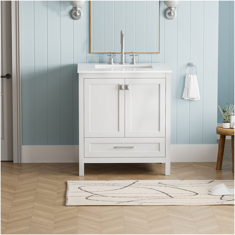Lavabo, comptoir de meuble-lavabo en marbre d'ingénierie Carrara avec lavabo rectangulaire encastré en céramique, grande porte de rangement à fermeture en douceur, structure en bois, bleu marine