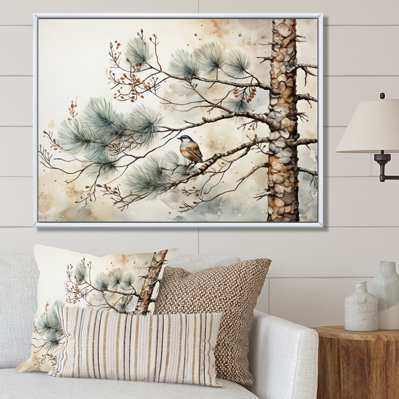 Décoration murale oiseau sur pin II, Cadre flottant blanc, H 34 po x l 44 po x P 1,5 po