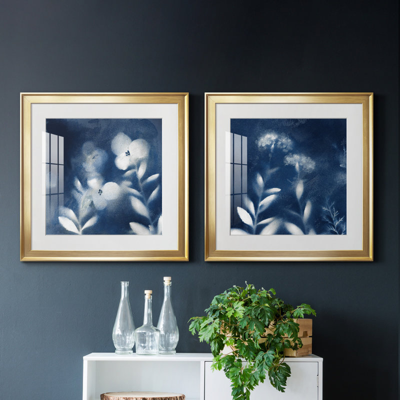 " Nature's Indigo I " 2 - Pieces, Gold Framed Paper, White, 18.5" H x 18.5" W x 1" D