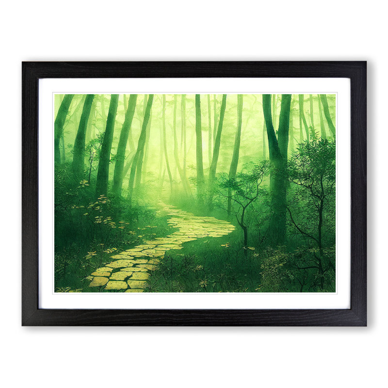 Japanese Forest In Watercolour - Single Picture Frame Print, Black, 46cm H x 64cm W x 2cm D