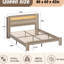 Structure de grand lit avec plateforme en bois, tête de lit à DEL avec rangement, 2 prises de recharge, sommeil silencieux, sans sommier tapissier, configuration sans tracas, concept amplement inférieur en gris foncé, points, fonctionnement,