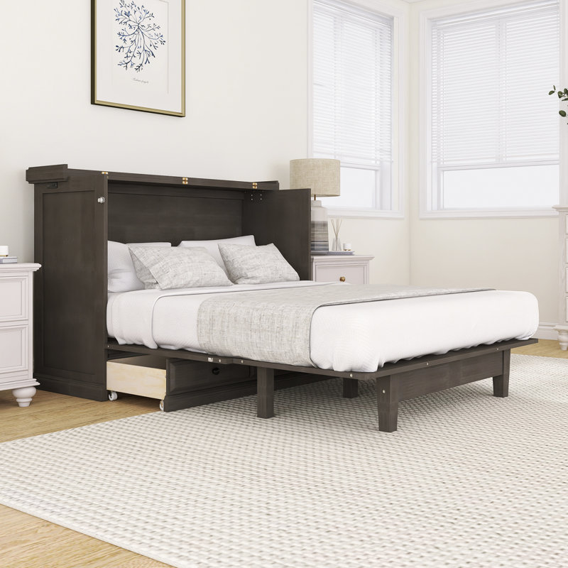 Commode Crabill en pin massif avec station de charge USB et grand tiroir de rangement, Gris, Grand lit