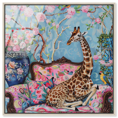 «Lounging Giraffe», art mural en verre acrylique ultrabrillant encadré par Art Remedy, cadre argenté, 16 x 16