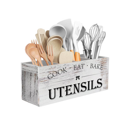Extra Large Utensils Holder With 4 Compartments, Wooden Utensil Organizer