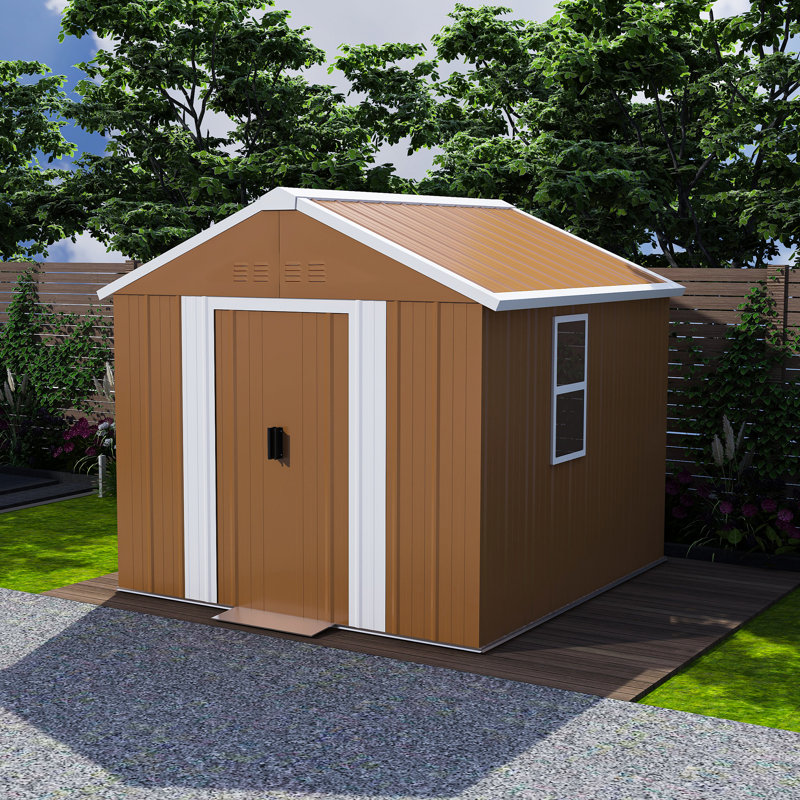 Remise de rangement en métal avec fenêtres, porte coulissante verrouillable, évents et intempéries pour le jardin, brun