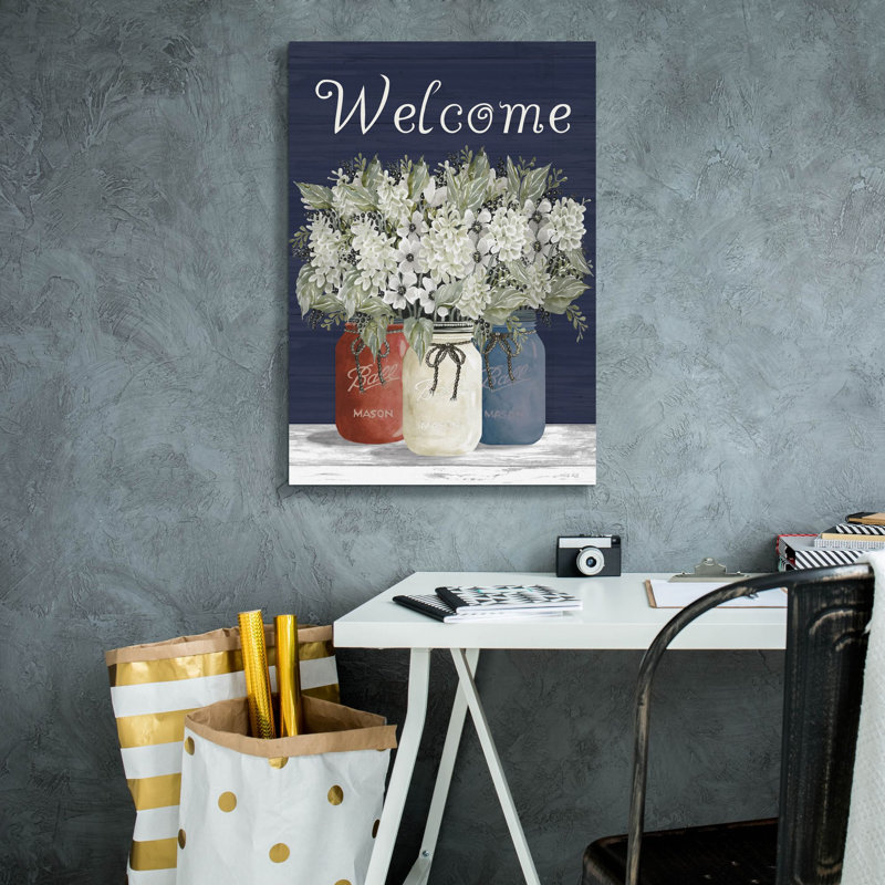 «Welcome Red, White & Blue Jar Trio» par Cindy Jacobs, art mural sur toile, 18 po x 26 po
