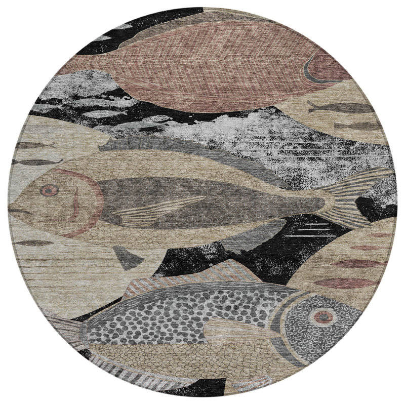 Machine Washable Indoor/Outdoor Chantille ACN2447 Coastal Rug, 8' Round, Black