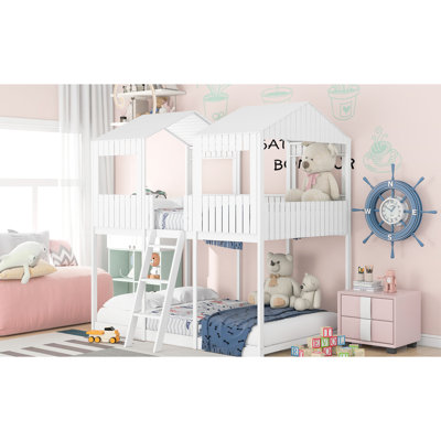 Full Over Bunk Bed - White, With A Playful Touch Featuring Roof, Window, Guardrail, And Semi-Enclosed Space Created By Guardrail