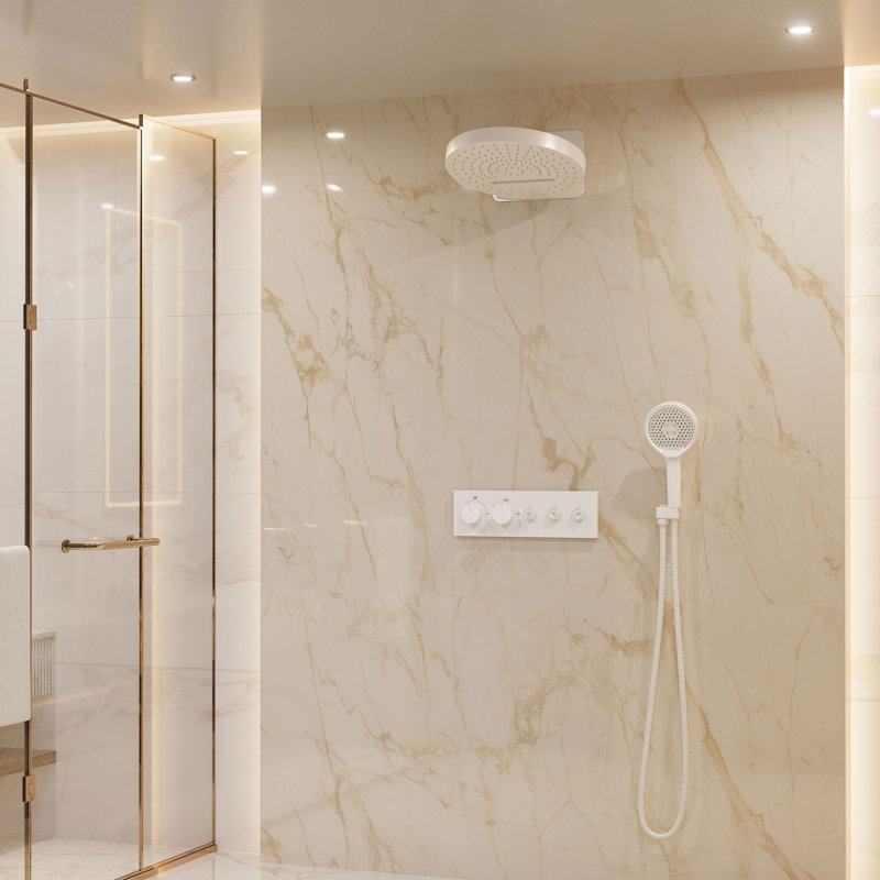 Thermostatic Complete Rainfall Shower System with Rough in-Valve, Matte White