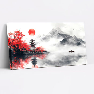 Tableau sur toile représentant un paysage japonais avec lune rouge et pagode (lot de 1)