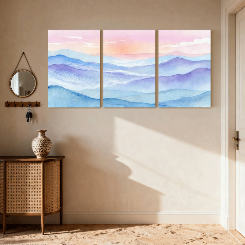 Abstrait aquarelle de montagnes pastel, ensemble de 3 impressions sur toile, H 24 po x l 48 po
