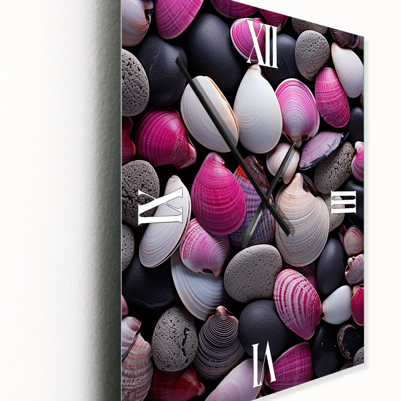 Rose, gris, rose, blanc, coquillages, bord de mer, collage - animaux, très grandes horloges murales