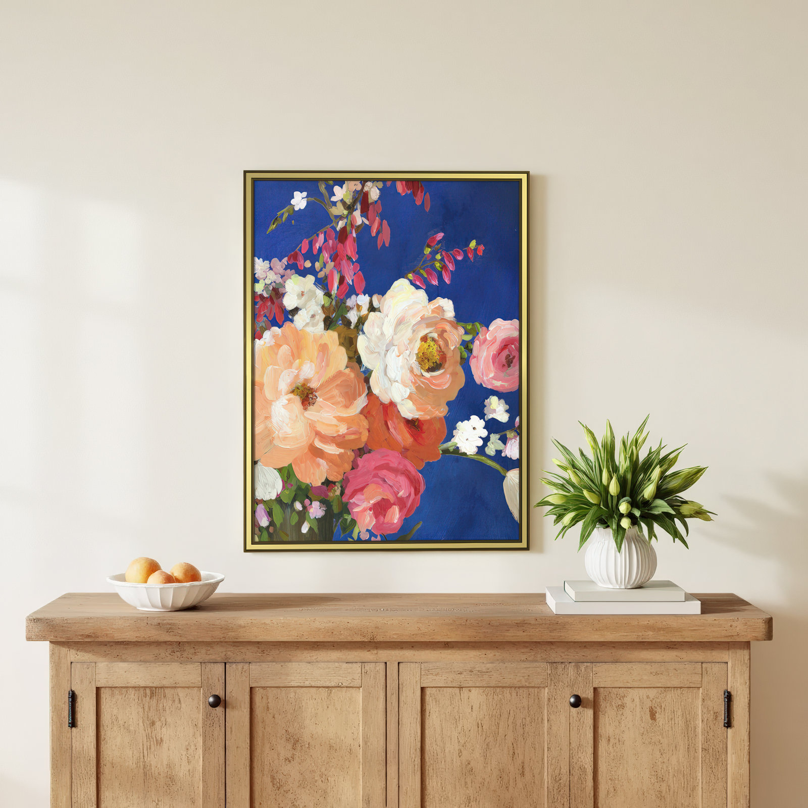 Calliope "Midnight Garden Flowers I" Painting, 24.25" H x 18.25" W x 0.75" D, Gold Framed