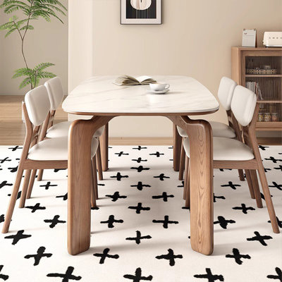 6 - Person White + Nut-brown Rectangular Sintered Stone + Solid Wood Dining Table Set