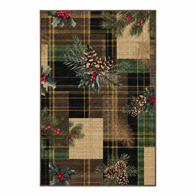 Tapis de couloir de Noël à motif écossais de Noël, tapis de couloir de vacances en velours perle pliable avec pomme de pin et imprimé de houx antidérapant Tapis de sol festif à envers TPR