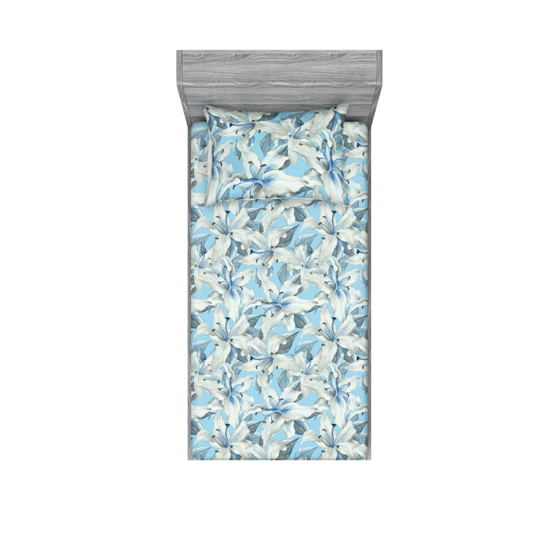 Drap-housse et taies décoratives 3 pièces Ambesonne, Bleu azur pâle, gris pâle / floral