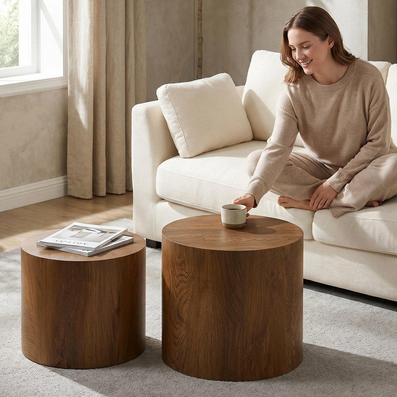 Ensemble de 2 tables basses gigognes en noyer rond 18,9 po avec coussinets antidérapants, sans assemblage pour le salon, petits espaces