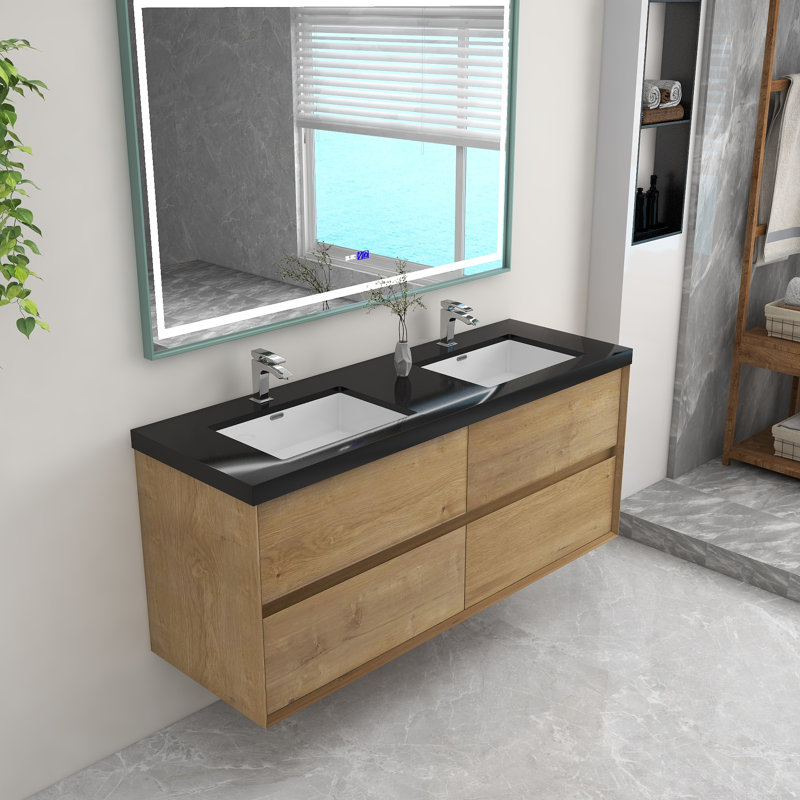 Smariti 60" Wall-Mounted Double Bathroom Vanity Set, White Oak