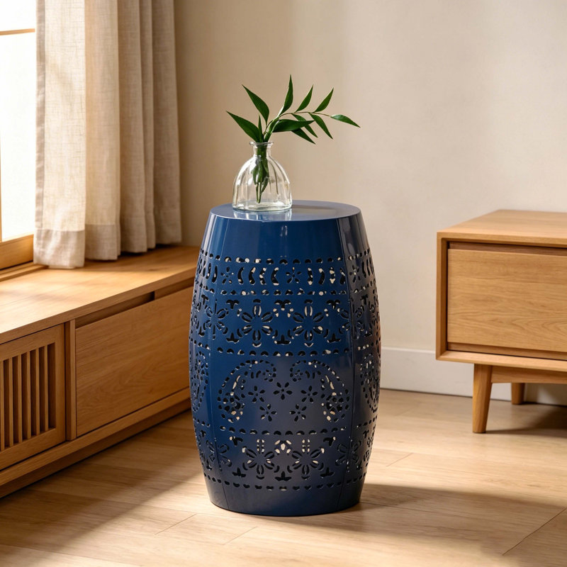 Navy Blue Lace Cut Iron Barrel-Shaped Accent Side Table, Indoor/Outdoor Use, No Assembly Required, Decorative Metal End Table For Garden, Patio, Living Room, Backyard