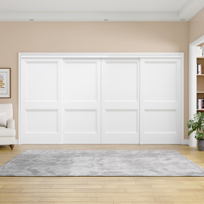 144"x 80" White Primer 2-Panel Hollow Core Sliding Door with Manufactured Wood Frame & Guide Rail & Silver Round Handles No Assembly Required For Closet,Pantry,Living room