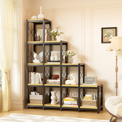 14 Shelves Bookshelf, Ladder Corner Bookshelf, Industrial Vintage Book Storage, Rustic 5-tier Display Shelf Storage Organizer For Home Office Living Room