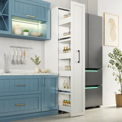 White,Large, Slim Storage Cart, Kitchen Rolling Cart, Narrow Storage Cabinet with Handle & Wheels, Wood Spice Rack Next to Fridge, Pantry Shelf for Kitchen, Small Spaces