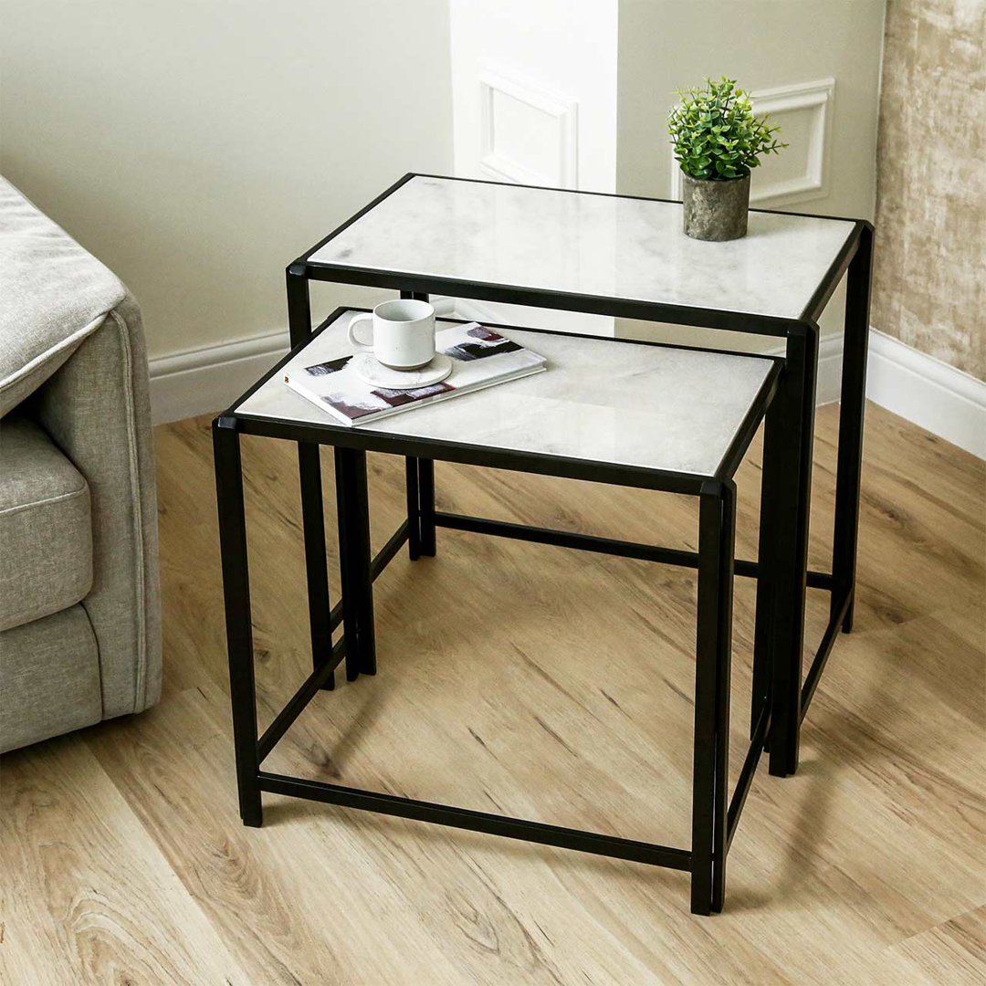 Metal Nesting End Table For Living Room Furniture, Marble Top Nest Of 2 Side Tables, Accent Tables