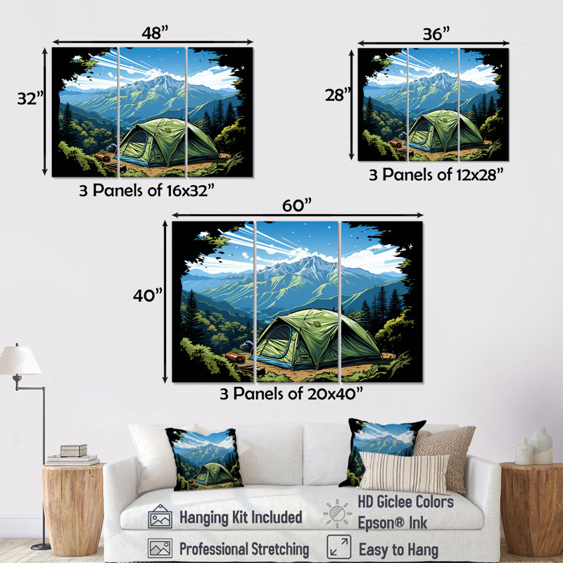 «Camping In Forest Retreat 2» - Art mural de voyage en camping, Toile tendue, H 32 po x l 48 po