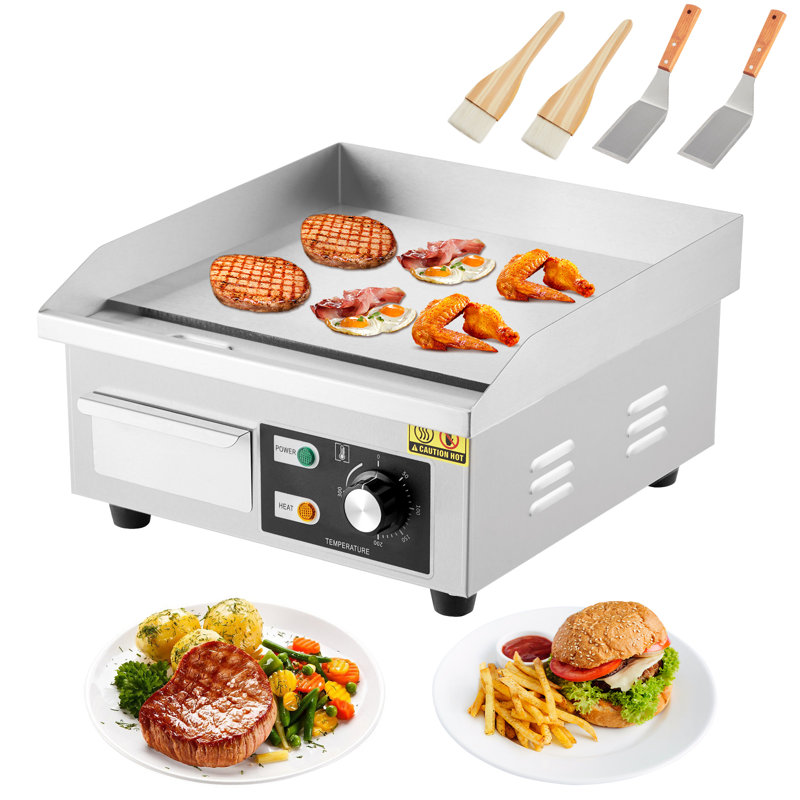 14 Inch Commercial Electric Countertop Griddle, Stainless Steel Flat Top Teppanyaki Grill with Adjustable Thermostat 122°F to 572°F, Includes Cooking Shovel and Cleaning Brush for Restaurant Home Use