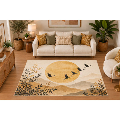 "Ultra Thin" 5 x 7, Flying Crane Birds with Sun and Mountain  Area Rug for Living Room, Dining Room, Bedroom, Soft Low Pile Indoor Rug with Non Slip Silicone Backing