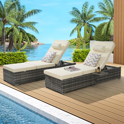 Outdoor Chaise Lounge Chair Set of 2 with Patio Pool Chairs Tanning Lounges for Outside,Beach Rattan Recliners with Adjustable Backrest,Cushion for Poolside Backyard Garden