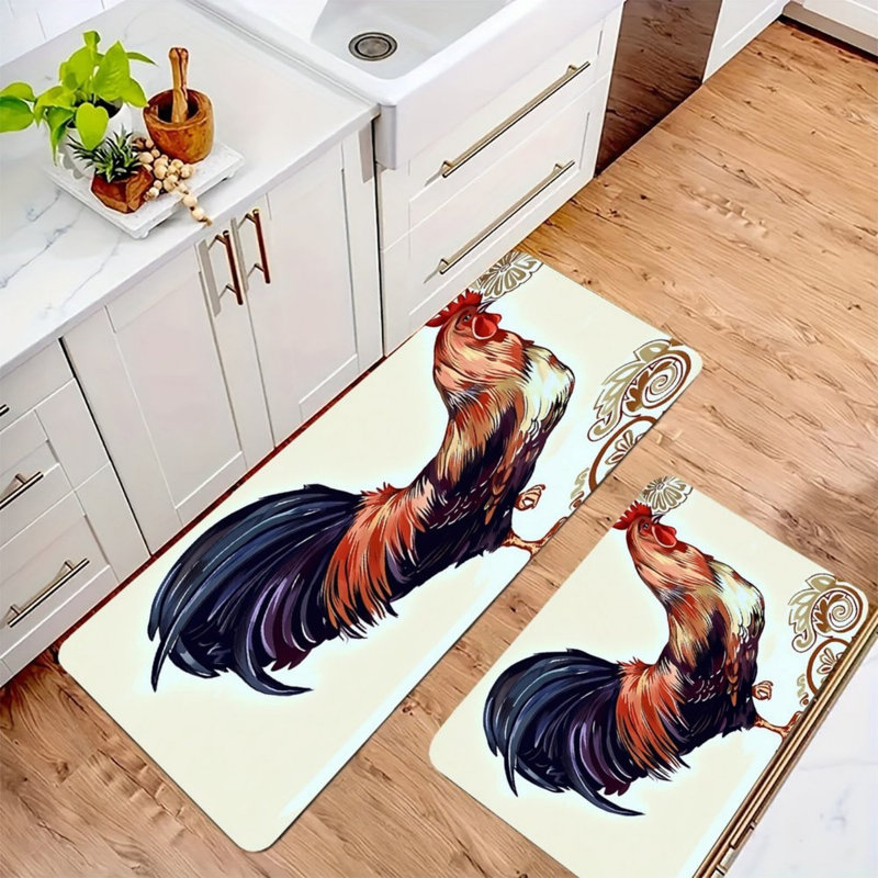Ensemble de 2 tapis de cuisine à imprimé coq beige pour décor de cuisine rustique