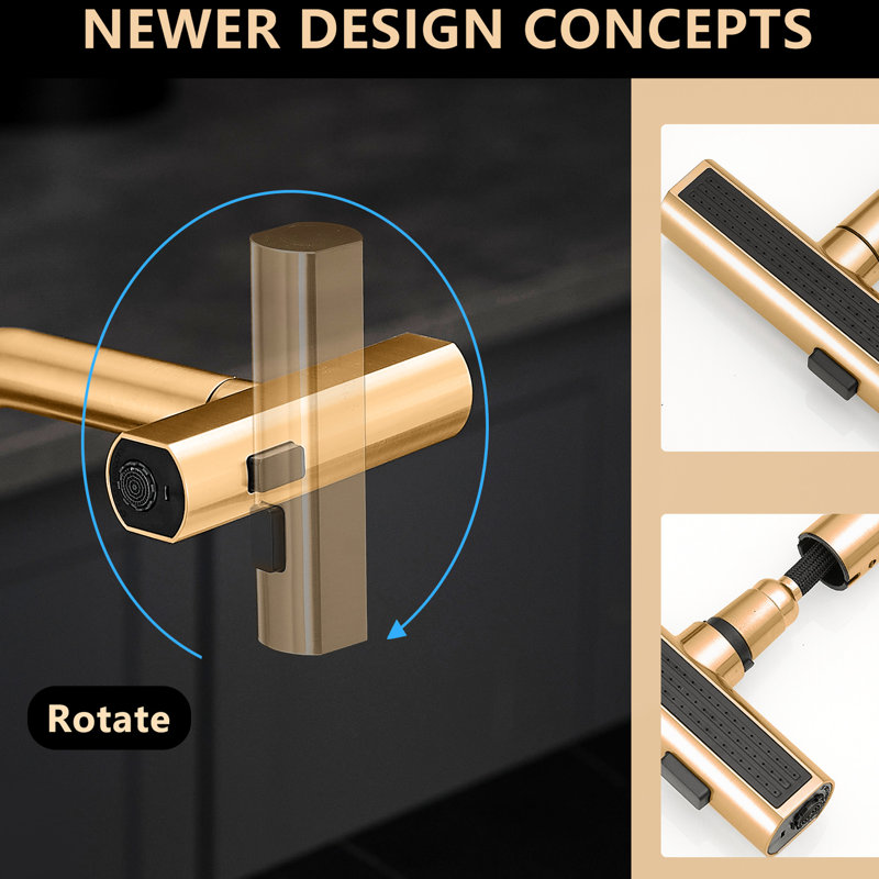 Stainless Steel Kitchen Faucet In Brushed Gold With Pull Out Spray And Construction 360 Rotating Easy, Brushed Gold
