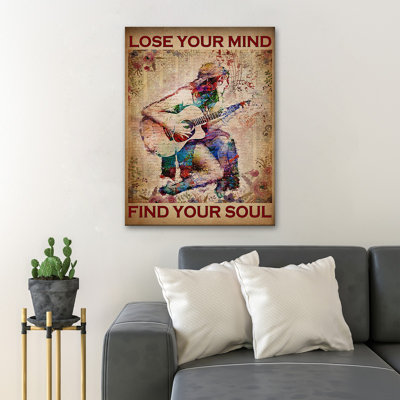 Fille sportive avec une guitare - «Lose Your Mind, Find Your Soul», toile tendue avec décor de personnes et de musique, décoration de chambre rose et mauve