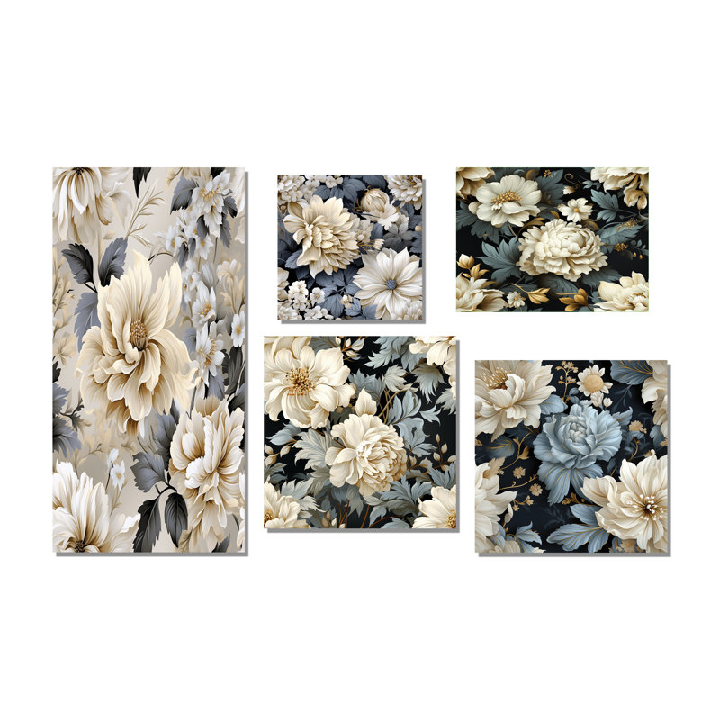 Sheyla - ensemble de 5 impressions murales florales, Toile tendue