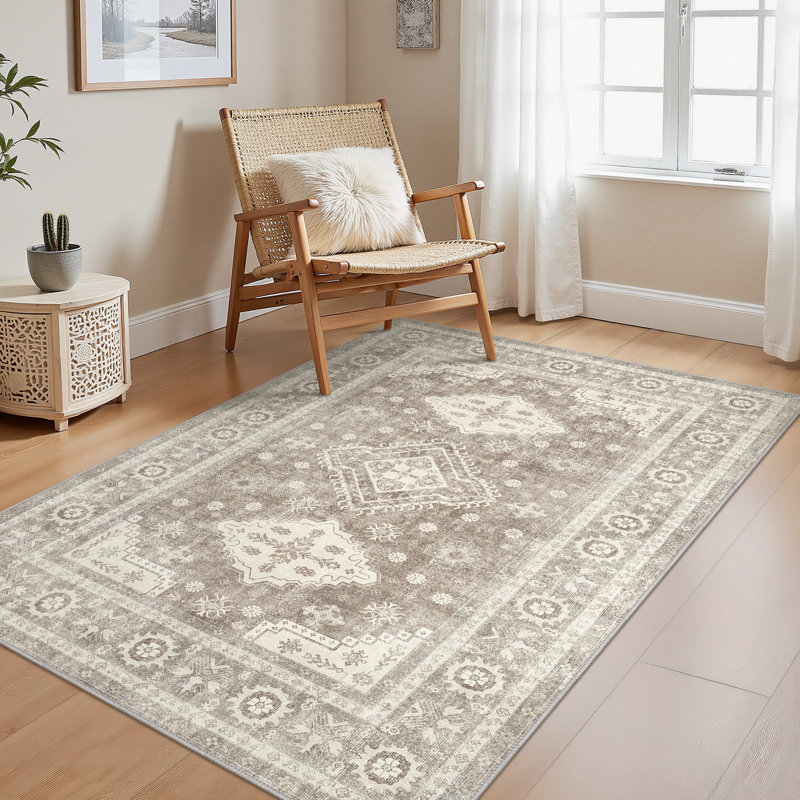 Oriental Machine Washable Area Rug with Non-Slip Backing, Rectangle 120 x 170 cm, Brown