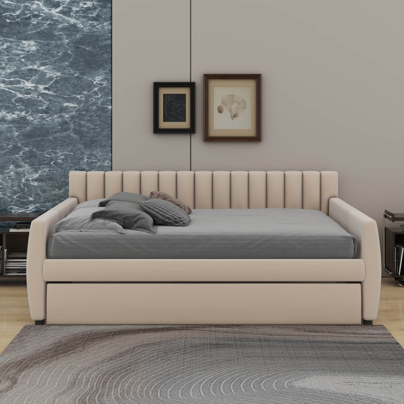 Lit de jour double avec lit gigogne, Beige