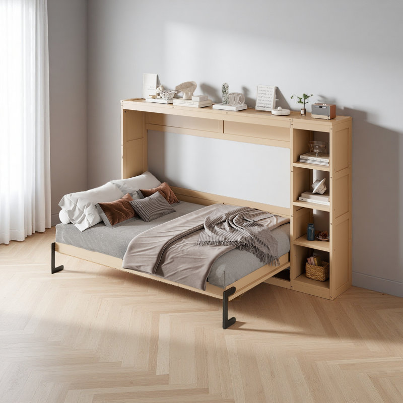 Murphy Bed With Bookshelf, Natural, Full / Double