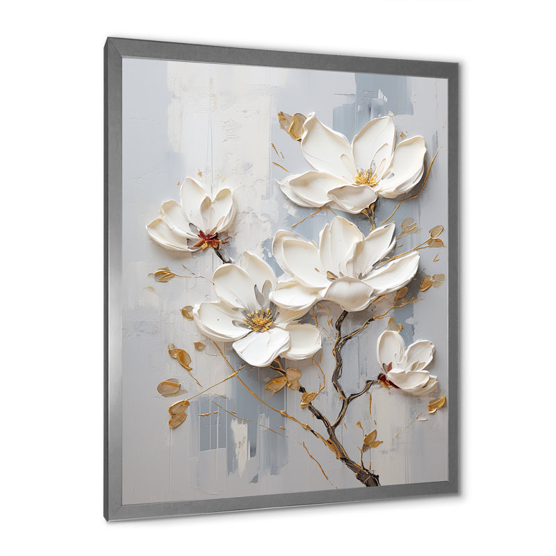 «Magnolias I» bleu et blanc sur toile, H 40 po x l 30 po x P 1,5 po, Cadre simple argenté