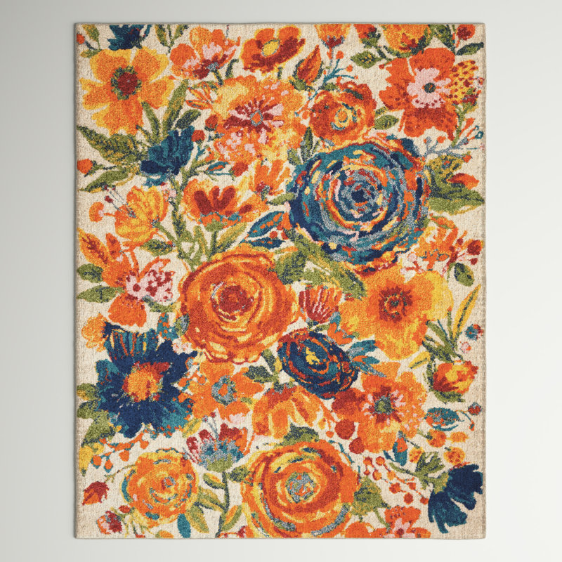 Tapis orange / beige / vert à motif floral Latarra, Rectangle 5 pi 3 po x 7 pi 3 po