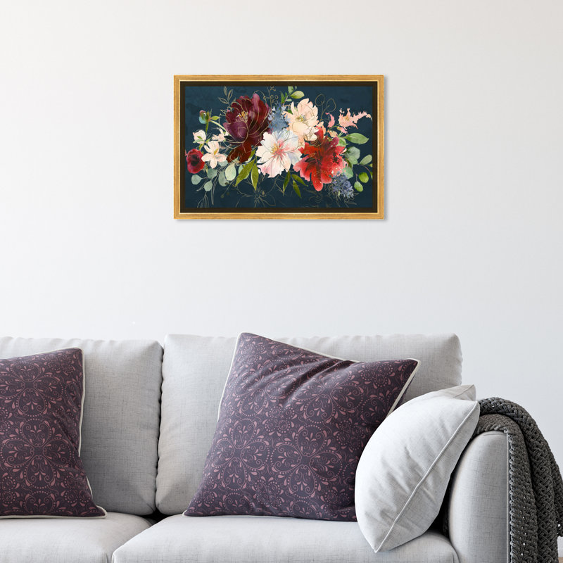 Automne floral bleu marine - Impression sur toile, H 10 po x l 15 po, Encadrement doré
