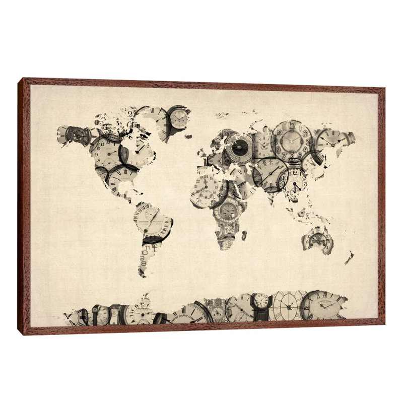 Map Of The World Map From Old Clocks by Michael Tompsett - Floater Frame Print on Canvas, Brown Framed