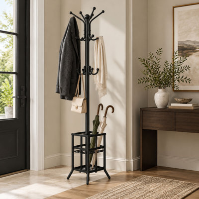 72.44-Inch Freestanding Metal Coat Rack with 12 Hooks and Umbrella Holder, Black