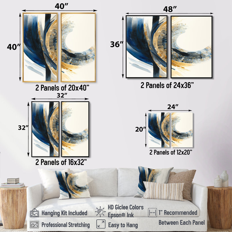 «Blue and Gold Swirl Abstract IV - Abstract Spirals», art mural, H 36 po x l 48 po, Impression encadrée flottante, Noir